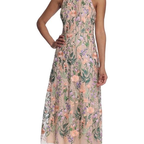 Maggy London Women's Floral Embroidered Halter Midi Dress with Back V-Neck - Picture 11 of 12